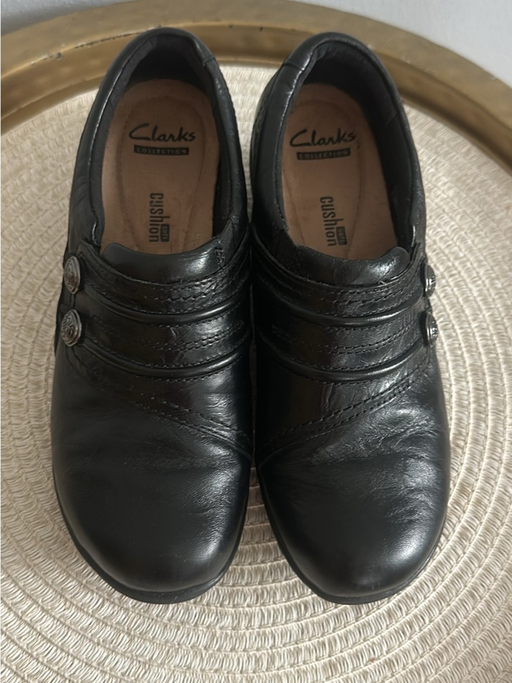 Clarks Black Leather Slip-On Loafers with Decorative Buttons